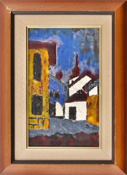 Szántó Sándor (1945-): Szentendre utcarészlet II. Tűzzománc, fém, jelzett a hátoldalán, sérült (repedésekkel), fakeretben, 25×25 cm