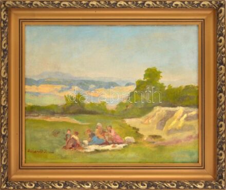 Gebhardt István (?-?), működött a XX. században: Kirándulók. Olaj, vászon. Jelzett. Javított. Dekoratív fa keretben. 40,5x50 cm