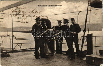 1911 Osztrák-magyar haditengerészet matrózai lőgyakorlat közben a fedélzeten, gépfegyver / K.u.k. Kriegsmarine Mitrailleusen Geschützexerzieren / Austro-Hungarian Navy mariners' shooting practice on board, machine gun. G. Fano, Pola,