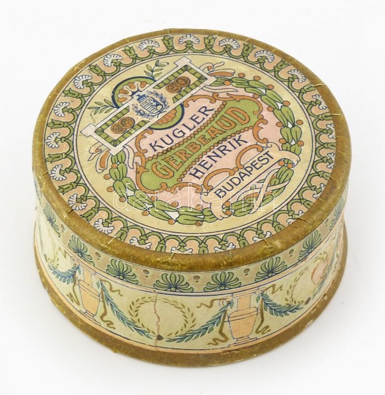 cca 1910 Kugler Henrik Gerbeaud bonbonos doboz, alumínium, papír borítással, szecessziós, szép állapotban, d: 7,5 cm