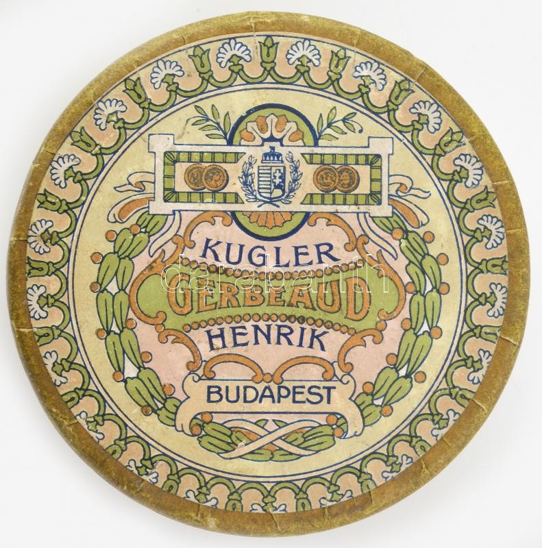 cca 1910 Kugler Henrik Gerbeaud bonbonos doboz, alumínium, papír borítással, szecessziós, szép állapotban, d: 7,5 cm - Image 2