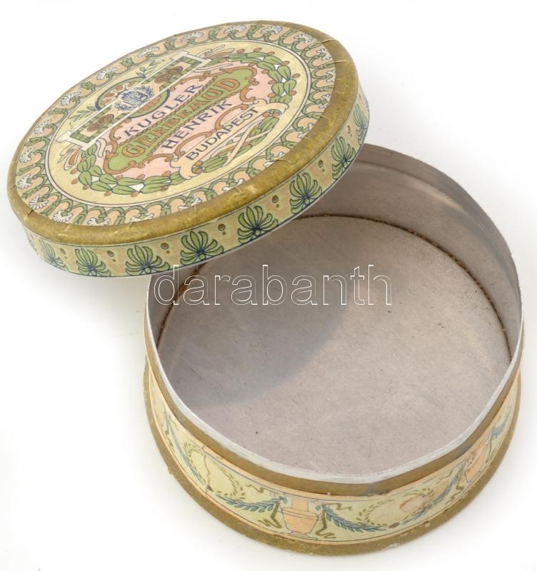 cca 1910 Kugler Henrik Gerbeaud bonbonos doboz, alumínium, papír borítással, szecessziós, szép állapotban, d: 7,5 cm - Image 3