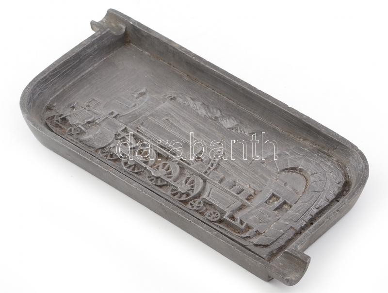cca 1910-1920 Gőzmozdonyos mintájú ón hamutartó, jó állapotban, 9×18 cm / Vintage pewter ashtray with locomotive - Image 2