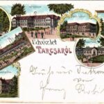 1898 (Vorläufer) Tarcsa, Tarcsafürdő, Bad Tatzmannsdorf; Miksa-forrás, Gyógyudvar, Forrás épület, Gyógytér és Károly-forrás, Karolina villa, Mária villa, Anna fürdő / spa, spring source, villa, bath. Art Nouveau, floral, litho