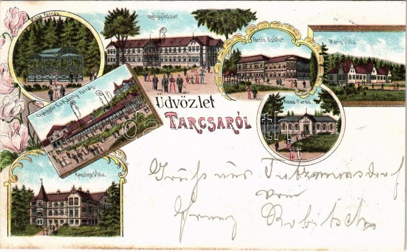 1898 (Vorläufer) Tarcsa, Tarcsafürdő, Bad Tatzmannsdorf; Miksa-forrás, Gyógyudvar, Forrás épület, Gyógytér és Károly-forrás, Karolina villa, Mária villa, Anna fürdő / spa, spring source, villa, bath. Art Nouveau, floral, litho