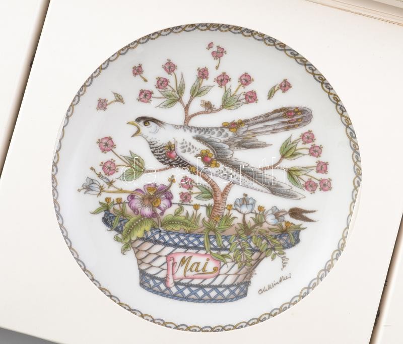 Hutschenreuther porcelán dísztányér, 12 db, Ole Winther terve, madarak, matricás, jelzett, eredeti dobozban, hibátlan , d: 16 cm - Image 2
