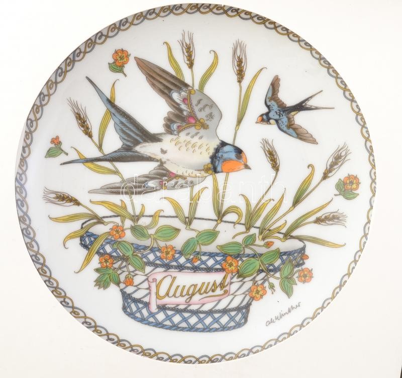Hutschenreuther porcelán dísztányér, 12 db, Ole Winther terve, madarak, matricás, jelzett, eredeti dobozban, hibátlan , d: 16 cm - Image 4