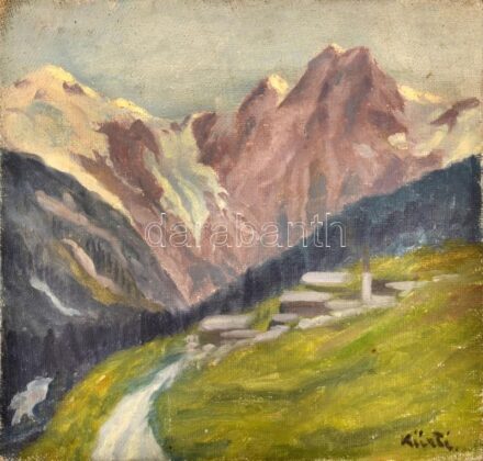 Kürti jelzéssel: Hegyvidéki táj. Olaj, vászon. 25x26 cm