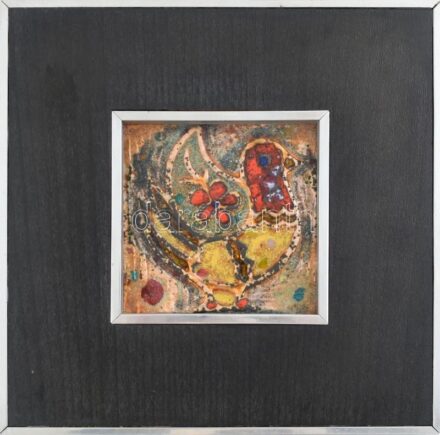 Buzás Árpád (1929-2013): Madár. Tűzzománc. Jelzés nélkül, hátoldalán Iparművészeti Vállalat raglapjával. Keretben. 9,5x9,5 cm