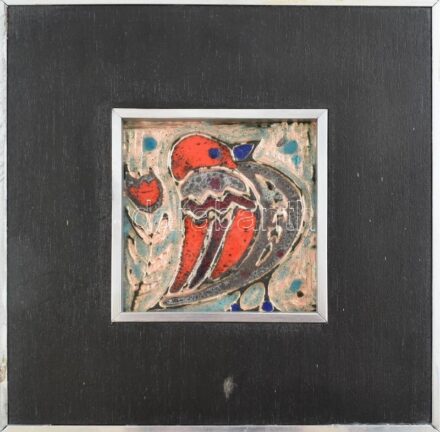 Buzás Árpád (1929-2013): Madárka. Tűzzománc. Jelzés nélkül, hátoldalán Iparművészeti Vállalat raglapjával. Keretben. 9,5x9,5 cm