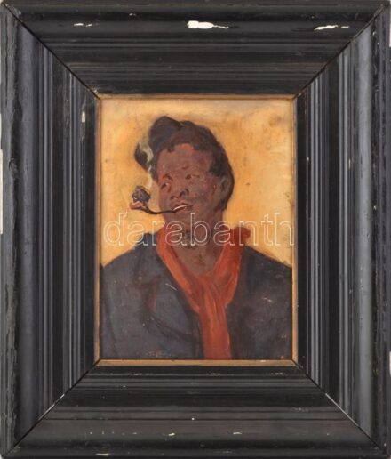 Olvashatatlan jelzéssel (keret által takarva, Bar...?), XX. sz. eleje: Pipázó portréja. Olaj, karton, kissé sérült, 30x23 cm. Dekoratív, kissé sérült régi fa keretben.
