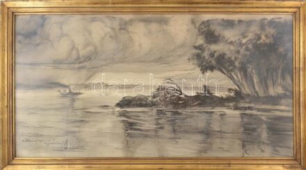 Haranghy Jenő (1894-1951): Áradás a Dunán, az újpesti Szúnyog-szigetnél (Népszigetnél), 1928. Szén, tus, papír, Jelezve balra lent. Kiállítva: A Nemzeti Szalon Művészeti Egyesület első representativ Duna kiállítása, 1933,