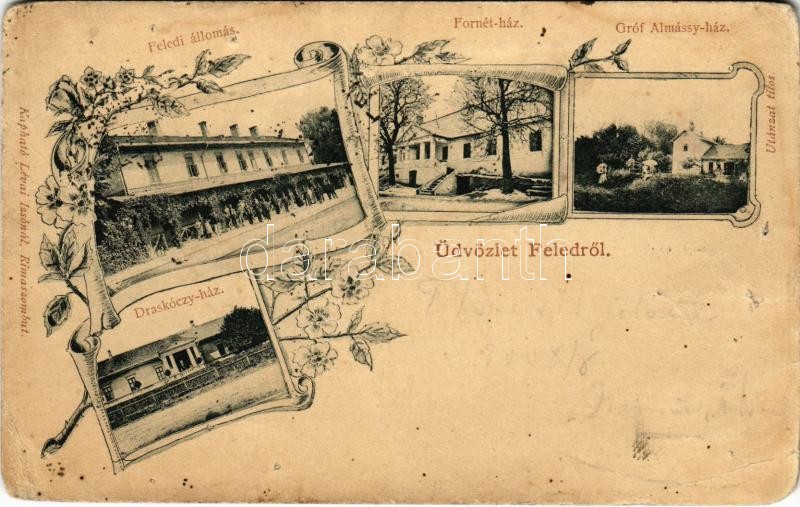1900 Feled, Veladin, Jesenské; vasútállomás, Fornét-ház, Gróf Almássy-ház, Draskóczy-ház, kastély. Lévai Izsó kiadása / railway station, castle, villa. Art Nouveau, floral (lyukak / pinholes)