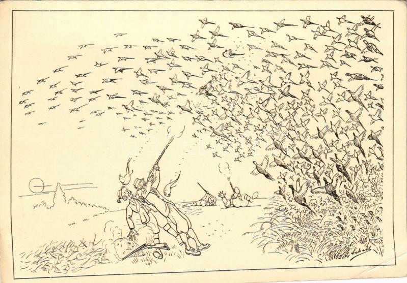 A dicső nap alkonyán / Der letzte Antrieb / 'The end of a glorious day' hunting art postcard, hunters (EB)