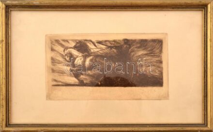 Haranghy Jenő (1894-1951): Lovas. Rézkarc, papír, jelzés nélkül, hátoldalán hagyatéki bélyegzővel, üvegezett fakeretben, 8x18 cm