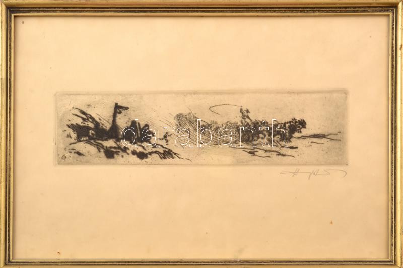 Haranghy Jenő (1894-1951): Lovasfogatok a pusztában. Rézkarc, papír, jelzett, üvegezett fakeretben, 8x31 cm