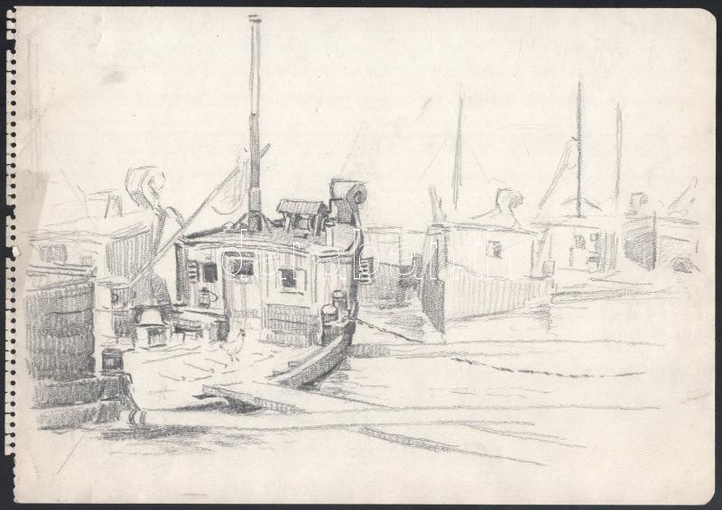 Haranghy Jenő (1894-1951), 2 db rajz: Táncoló lányok és kikötő hajókkal. Vöröskréta, ceruza ill. ceruza, papír, jelzés nélkül, hátoldalán hagyatéki bélyegzővel, 28,5x22 és 24x34 cm - Image 3