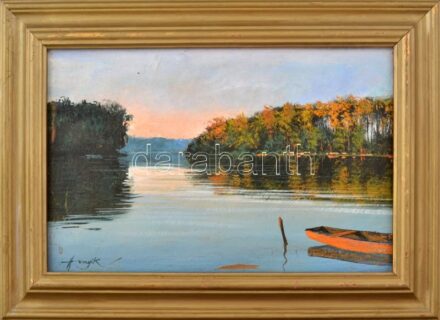 Hornyik Zoltán (1960-): Ladik. Olaj, farost, jelzett, dekoratív fakeretben, 20×30 cm