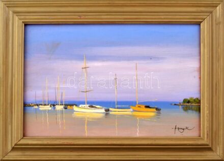 Hornyik Zoltán (1960-): Pirkadat (Balatoni kikötő). Olaj, farost, jelzett, dekoratív fakeretben, 20×30 cm