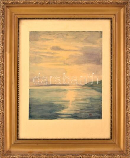 Psik Lajos (1898-1974): Napnyugta a Balatonon, 1950. Akvarell, papír, kartonra kasírozva, jelezve jobbra lent. Dekoratív, kissé sérült fakeretben, 39x32 cm