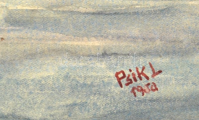 Psik Lajos (1898-1974): Napnyugta a Balatonon, 1950. Akvarell, papír, kartonra kasírozva, jelezve jobbra lent. Dekoratív, kissé sérült fakeretben, 39x32 cm - Image 2