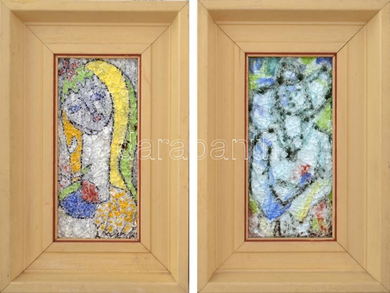 Kesztyűs Ferenc (1932-), 2 db mű: 'Rózsa' (1988) és 'Séta az erdőben' (1987). Tűzzománc, kerámia, jelzett, hátoldalán autográf felirattal és autográf ajándékozási sorokkal Obersovszky Gyula (1927-2001) szerkesztő, költő, 1956-os