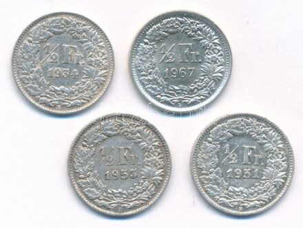 Svájc 1934-1967. 1/2Fr Ag (4xklf) T:1-,2 patina Switzerland 1934-1967. 1/2 Franc Ag (4xdiff) C:AU,XF patina Krause KM#23