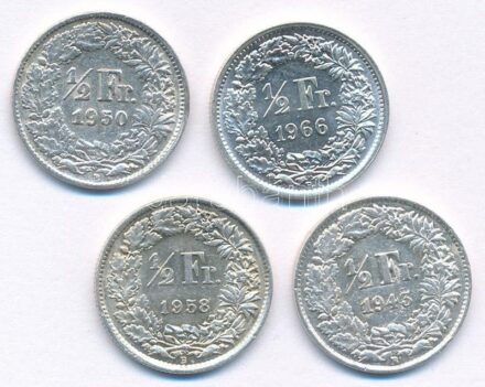 Svájc 1943-1966. 1/2Fr Ag (4xklf) T:1-,2 patina Switzerland 1943-1966. 1/2 Franc Ag (4xdiff) C:AU,XF patina Krause KM#23