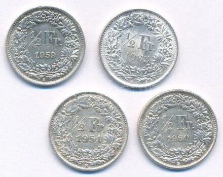 Svájc 1951-1963. 1/2Fr Ag (4xklf) T:1-,2 patina Switzerland 1951-1963. 1/2 Franc Ag (4xdiff) C:AU,XF patina Krause KM#23