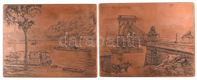 Baranszky Emil (1877-1941): Lánchíd és a Budai vár. Réz nyomódúc. Szép állapotban. 23x30 cm