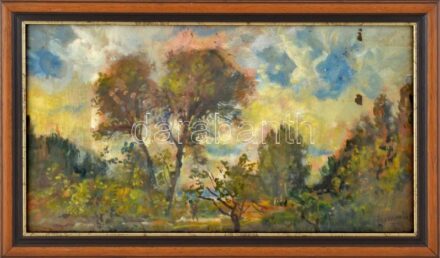 Herman Lipót (1884-1972): Ember a tájban. Olaj, karton, jelezve jobbra lent. Üvegezett fakeretben, 25×45 cm