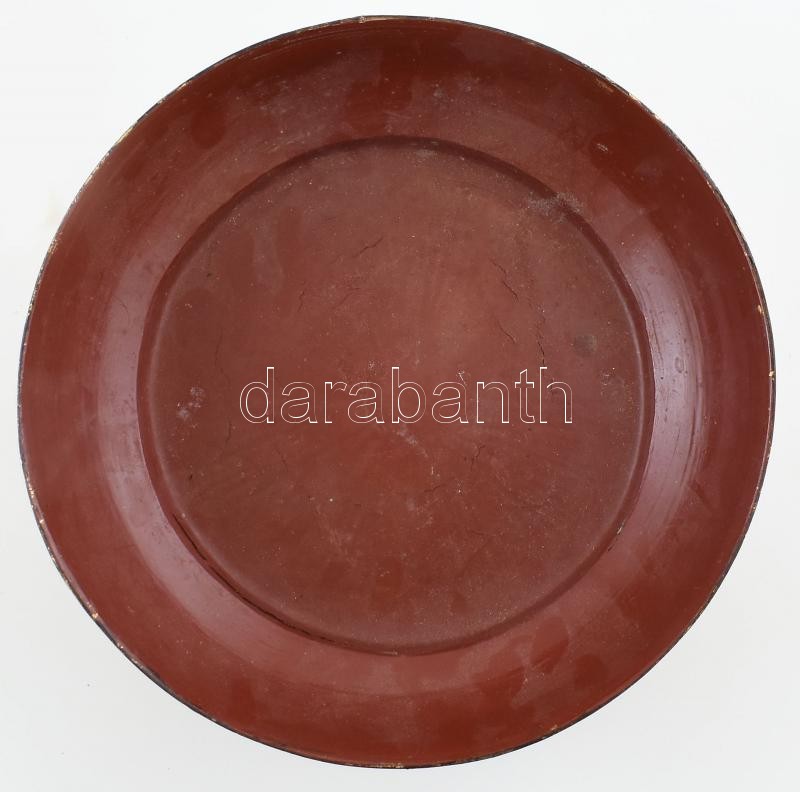 Lakkozott fa tálka. XIX. sz. India. Üveggyöngyökkel, kézzel festett, laparonyozott, kopott, repedésekkel. d: 26 cm - Image 2