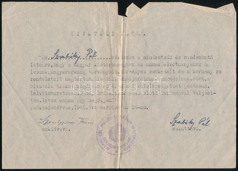 1946 Szalóky Pál író hivatali eskü szövege