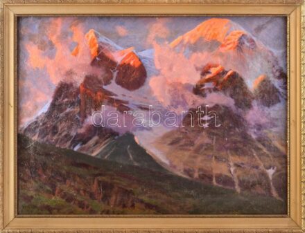 Paur Géza (1870-1945): Tátrai hegyek. Olaj, vászon. Jelezve balra lent. Dekoratív fakeretben, 45×60 cm / Géza Paur (1870-1945): Tátry. Oil on canvas. Signed lower left. Framed, 45×60 cm