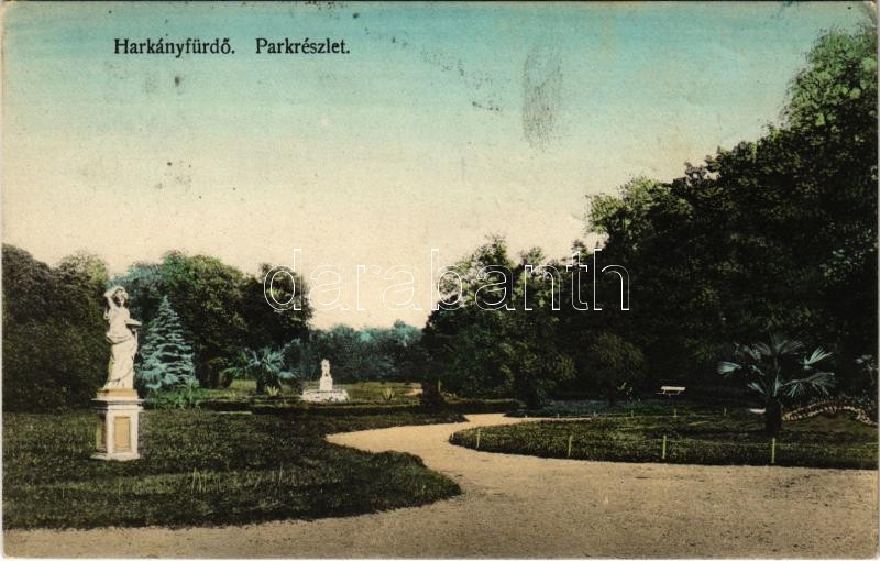 1928 Harkányfürdő, Park + 'SIKLÓS - BARCS 154' vasúti mozgóposta bélyegző (EK)