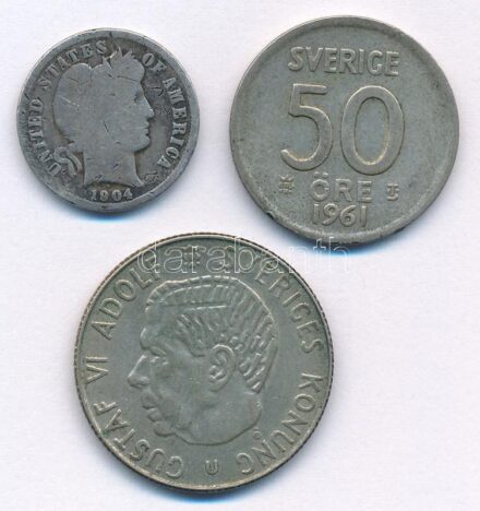 Vegyes: Amerikai Egyesült Államok 1904. 10c Ag 'Barber' + Svédország 1961. 50ö Ag + 1962. 1K Ag 'VI. Gusztáv Adolf' T:3,2- patina Mixed: USA 1904. 1 Dime Ag 'Barber' + Sweden 1961. 50 Öre Ag + 1962. 1 Krona Ag 'Gustav Adolf VI' C:F,VF patina