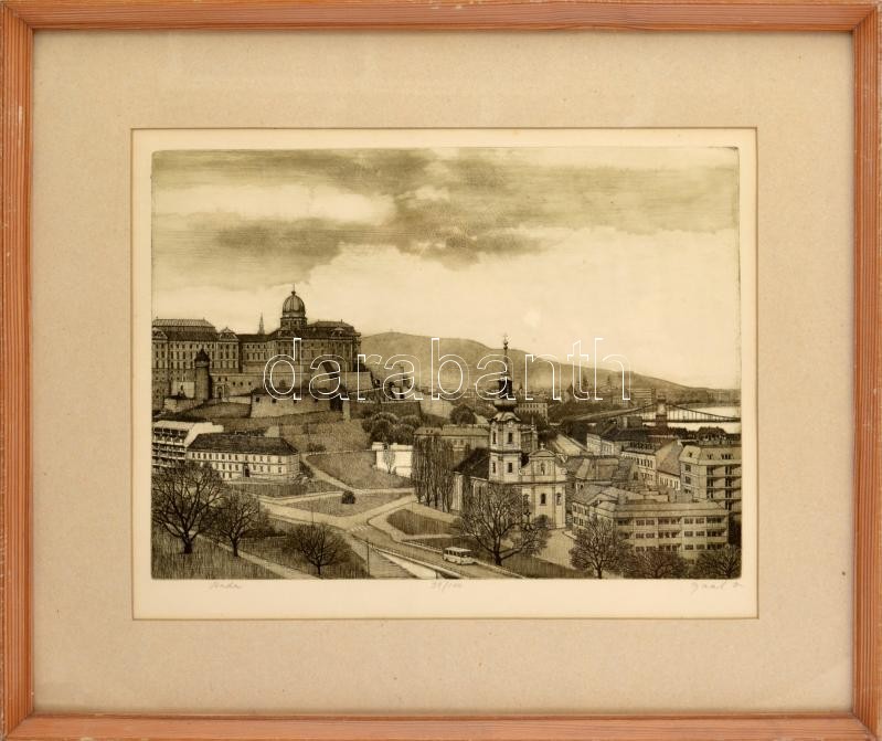 Gaál Domokos (1940-2009): Buda. Rézkarc, papír, jelzett, számozott (31/100), üvegezett fakeretben, 29×39 cm