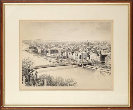 Olvashatatlan jelzéssel: Budapesti panoráma. Rézkarc, papír, jelzett, üvegezett fakeretben, 29×39 cm
