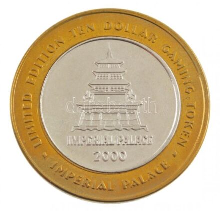 Amerikai Egyesült Államok / Las Vegas 2000. 10$ 'Imperial Palace' Ag kaszinózseton sárgaréz gyűrűben (br.37,13g/0.999/43mm) T:1 (eredetileg PP) fo. USA / Las Vegas 2000. 10 Dollars 'Imperial Palace' Ag casino gaming token in brass frame