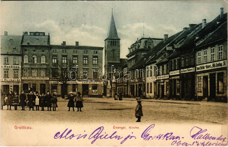 1905 Grodków, Grottkau; Evangel. Kirche, Bäckerei, Carl Riese 50., Heckel 48. Verlag Feodor Stöbe / church, square, shops, bakery
