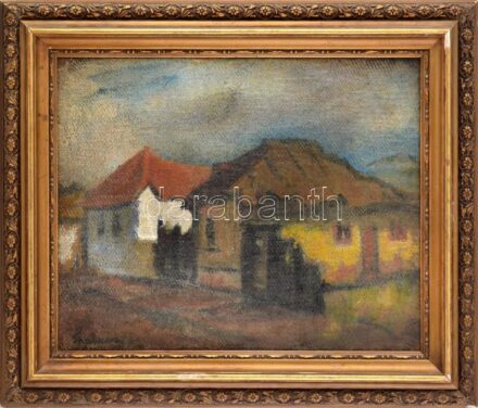Gyimessi (Gyimessy) Kovács Gábor (1905-1983): Erdélyi utca. Olaj, vászon, jelezve balra lent. Dekoratív, kissé sérült fakeretben, 37,5x46,5 cm / oil on canvas, signed, framed