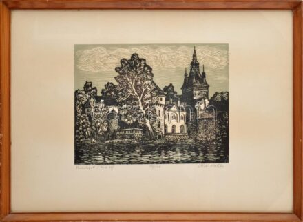 Réti Mátyás (1922-2002): Városliget. Linómetszet, papír. Jelzett, számozott: 71/100. Üvegezett fakeretben. 24x32 cm