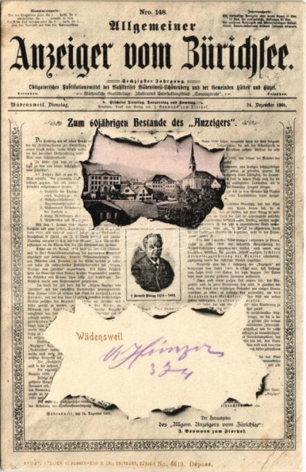 1902 Wädenswil, Wädensweil, Wädischwil; Allgemeiner Anzeiger vom Zürichsee, Zum 60 jährigen Bestande des 'Anzeigers' / H. Guggenheim & Co. montage with newspaper (EK)