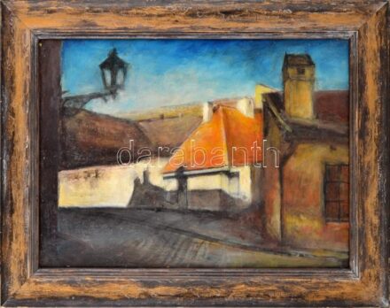 Jelzés nélkül: Utcarészlet. Olaj, farost. Dekoratív fakeretben. 34,5x46 cm