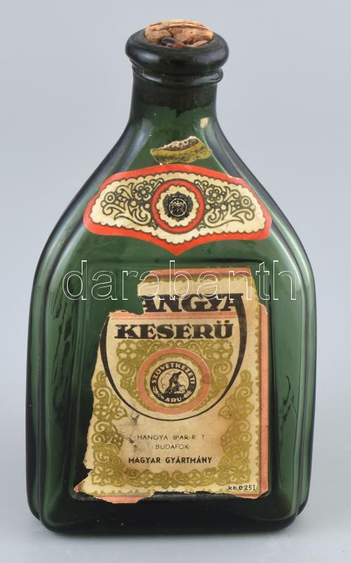 Hangya Keserű gyomorerősítő likőrös üveg, sérült címke. cca. 0,25 l, m: 14 cm