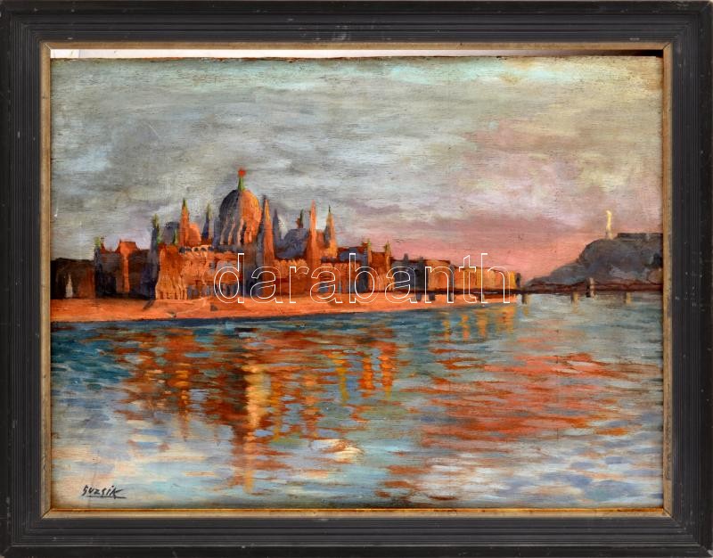 Guzsik Ödön (1902-1954): Budapesti panoráma a Kossuth híddal és a vörös csillaggal ékített Parlamenttel, 1950 k.. Olaj, rétegelt falemez, jelezve balra lent, fakeretben, 40x55 cm / Ödön Guzsik (1902-1954): Panorama of Budapest with the