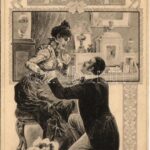 1904 Lady art postcard, couple in love. Art Nouveau, floral with clovers and pigs (EK)