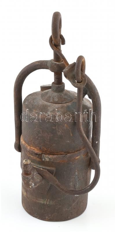 Régi öntöttvas bányászlámpa, jelzés nélkül, rozsdás, m: 24 cm