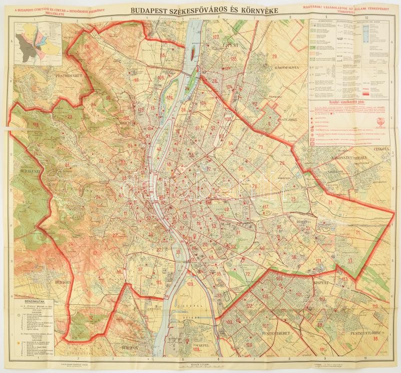 1926 Budapest székesfőváros térképe 86x80 cm szakadásokkal, rajta a rendőr őrszobák kapitányságok helyszíneivel