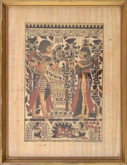 Khatab Papyrus, egyiptom, kézzel festett fáraós jelenet. Üvegezett keretben, certifikációval. Jelzett.32x21cm